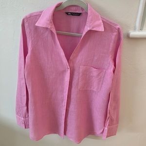 Zara pink linen button down shirt